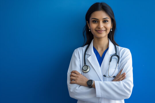 A woman in a white lab coat is smiling and posing for a picture