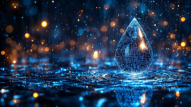 A digital water drop icon featuring cascading binary code symbolizing the fusion of technology and nature, representing data flow and innovation in the digital age with a bright, modern, blurred backg