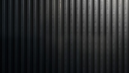 Dark metallic textured surface. Vertical lines create corrugated pattern. Industrial style. Modern design. Strong visual impact. Material like zinc metal. Suitable for design projects. Background