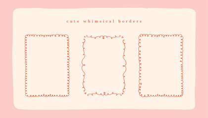 Collection of 3 decorative whimsical Valentines day frames in girly coquette style. Heart shaped borders with ribbon bow. Invitation template. A4 card size. Vector hand drawn graphic set