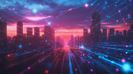 Naklejka premium Smart digital Innovation city with connection network reciprocity over the cityscape. of future smart wireless digital city and social media networking systems that connects people with in city