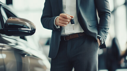 A professional man in a sleek suit holds car keys near luxury vehicles, symbolizing confidence and ownership