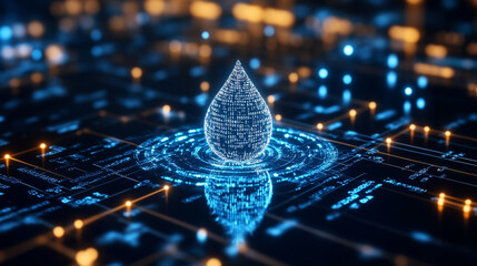 A digital water drop icon featuring cascading binary code symbolizing the fusion of technology and nature, representing data flow and innovation in the digital age with a bright, modern, blurred backg