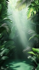 Featuring a Bali style, this template has a green background that showcases exotic tropical walls, complete with palm and banana leaves, enhanced by warm rays of sunlight.
