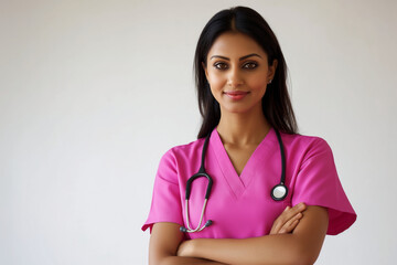 A woman in a pink scrubs shirt is wearing a stethoscope