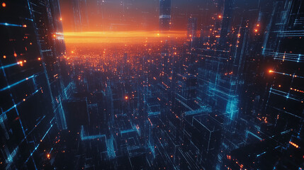 Smart digital Innovation city with connection network reciprocity over the cityscape. of future smart wireless digital city and social media networking systems that connects people with in city