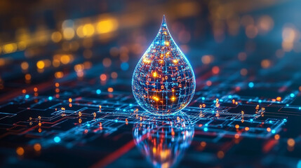 A digital water drop icon featuring cascading binary code symbolizing the fusion of technology and nature, representing data flow and innovation in the digital age with a bright, modern, blurred backg