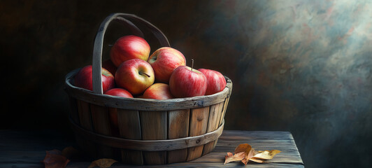 basket with apples on wooden table