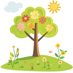 A whimsical flowering tree basks in sunshine on a grassy hill