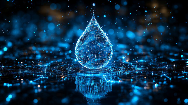 A digital water drop icon featuring cascading binary code symbolizing the fusion of technology and nature, representing data flow and innovation in the digital age with a bright, modern, blurred backg