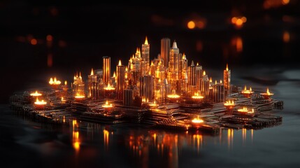 Obraz premium Burning city island, night, reflection, festival, artwork