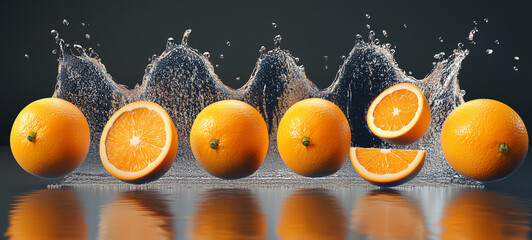 orange fruits falling into splash
