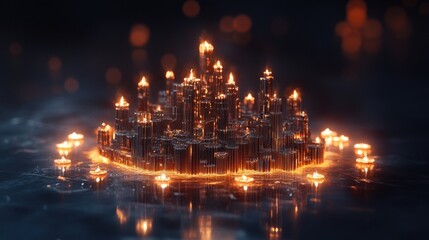 Flaming city island, night, fantasy, bokeh, digital art, game design