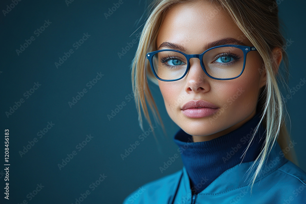 Wall mural Young woman with glass frames poses confidently in a stylish outfit