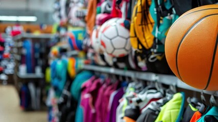 Colorful sports equipment on display in a vibrant retail store during the day showcasing various activities