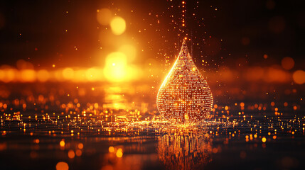 A digital water drop icon featuring cascading binary code symbolizing the fusion of technology and nature, representing data flow and innovation in the digital age with a bright, modern, blurred backg