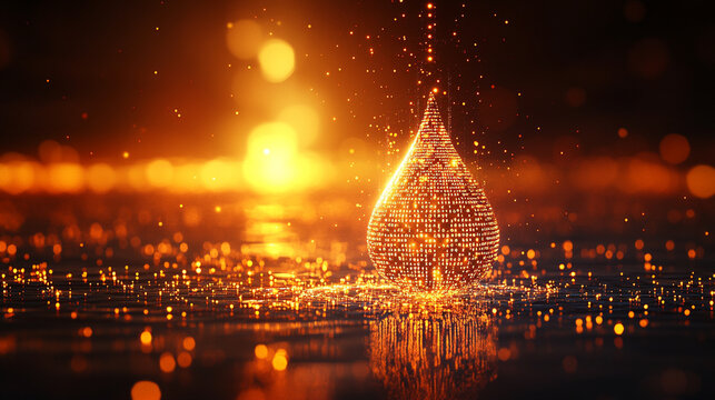 A digital water drop icon featuring cascading binary code symbolizing the fusion of technology and nature, representing data flow and innovation in the digital age with a bright, modern, blurred backg