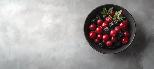 plate with ripe berries and blackberries on grey table, top view