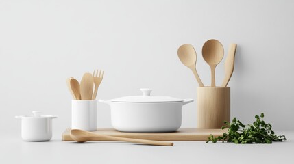 Wooden utensils and white pots on minimalistic kitchen counter with herbs