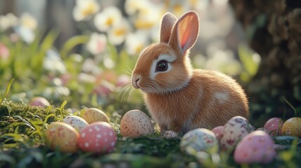 Ultra realistic easter bunny with colorful eggs in springtime garden scene
