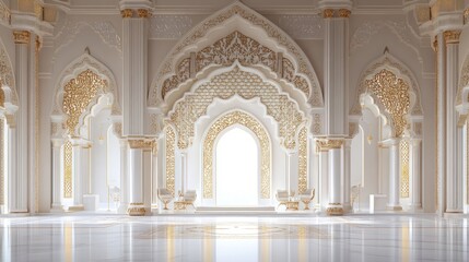 Obraz premium Palace interior, ornate arches, bright light, marble floor, Islamic architecture, design