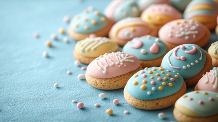 Easter themed cookies with colorful icing on blue background for festive celebration