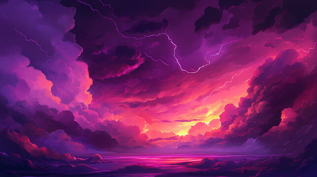 Stormy sky with purple and reddish clouds and lightnings. Electric Sky. Illustration