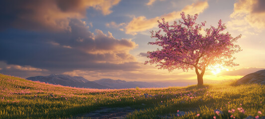 beautiful spring landscape with a blooming tree in the forest.