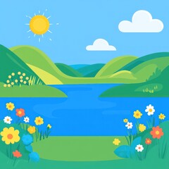 Fototapeta premium Idyllic Summer Landscape Featuring Rolling Green Hills and a Lake