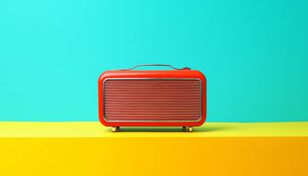 Eine leuchtend rote Retro-Radio auf buntem Hintergrund

