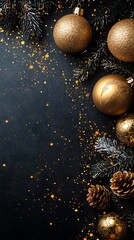 A black vertical canvas adorned with gold holiday baubles, leaving room for a message about the New Year and winter celebrations.