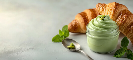 fresh tasty croissant on grey table