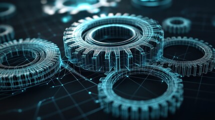 Futuristic blue wireframe gears on digital grid background
