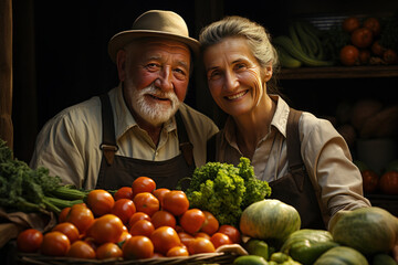 Portrait of an elderly couple in the garden with a harvest of vegetables,.  Generative AI