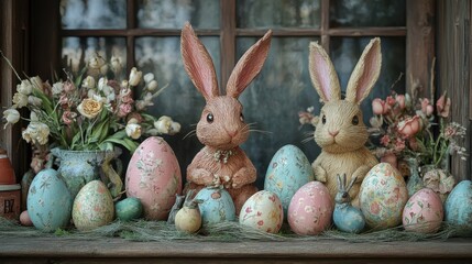 Charming easter display with handmade decorations and floral accents