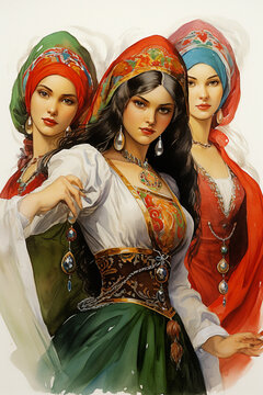three women in national costumes, retro watercolor on a white background,.  Generative AI