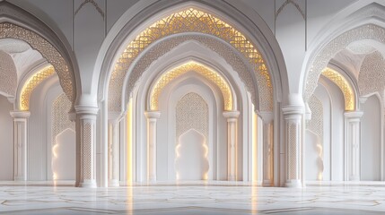 Obraz premium Illuminated Islamic arches, grand hall, marble floor, serene background, design template