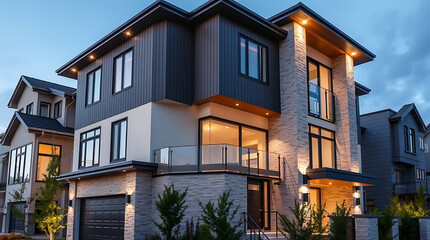 Obraz premium Luxury Modern House Exterior at Night. Contemporary Home Design, Real Estate Property