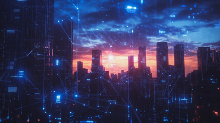 Smart digital Innovation city with connection network reciprocity over the cityscape. of future smart wireless digital city and social media networking systems that connects people with in city