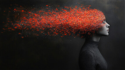 A striking silhouette of a person with their head dissolving into fragmented thoughts symbolizing mental struggle disintegration with a minimalistic blurred background and blank space for captions
