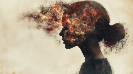 A striking silhouette of a person with their head dissolving into fragmented thoughts symbolizing mental struggle disintegration with a minimalistic blurred background and blank space for captions
