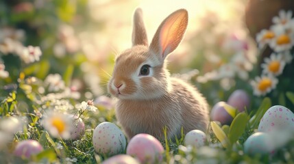 Easter bunny in a sunny garden with colorful eggs and daisies