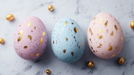 Pastel easter eggs with gold speckles on marble background for holiday decoration