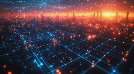 Obraz premium Smart digital Innovation city with connection network reciprocity over the cityscape. of future smart wireless digital city and social media networking systems that connects people with in city