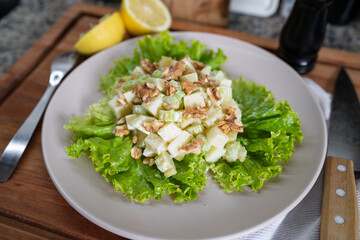 Classic Waldorf salad made at home with much love. Concept of eating healthy.