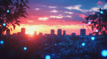 Fototapeta premium Smart digital Innovation city with connection network reciprocity over the cityscape. of future smart wireless digital city and social media networking systems that connects people with in city