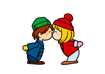 子供 かわいい男の子と女の子カップル in ラブ  キス 2〜3頭身キッズキャラ 透過 PNG