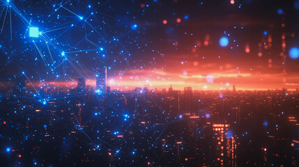 Obraz premium Smart digital Innovation city with connection network reciprocity over the cityscape. of future smart wireless digital city and social media networking systems that connects people with in city