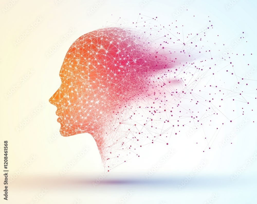 Poster abstract line art human head made of interconnected dots and triangles, with some parts disintegrati