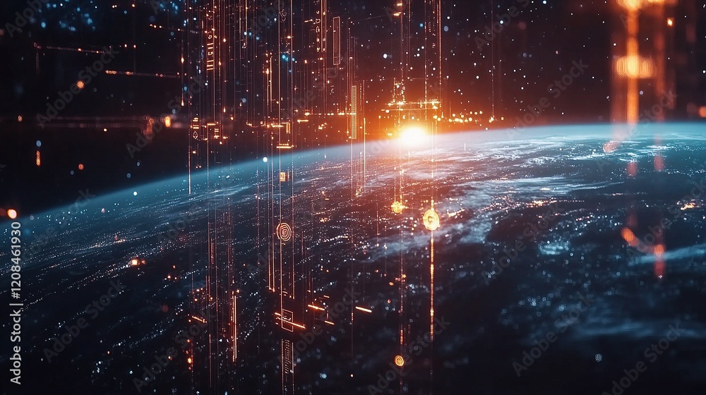 Poster global communication technology network with data visualization elements
